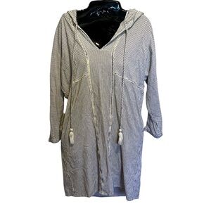 Cotton Striped Beach Swim Cover-Up Tunic Hooded Pockets Resortwear M Pullover